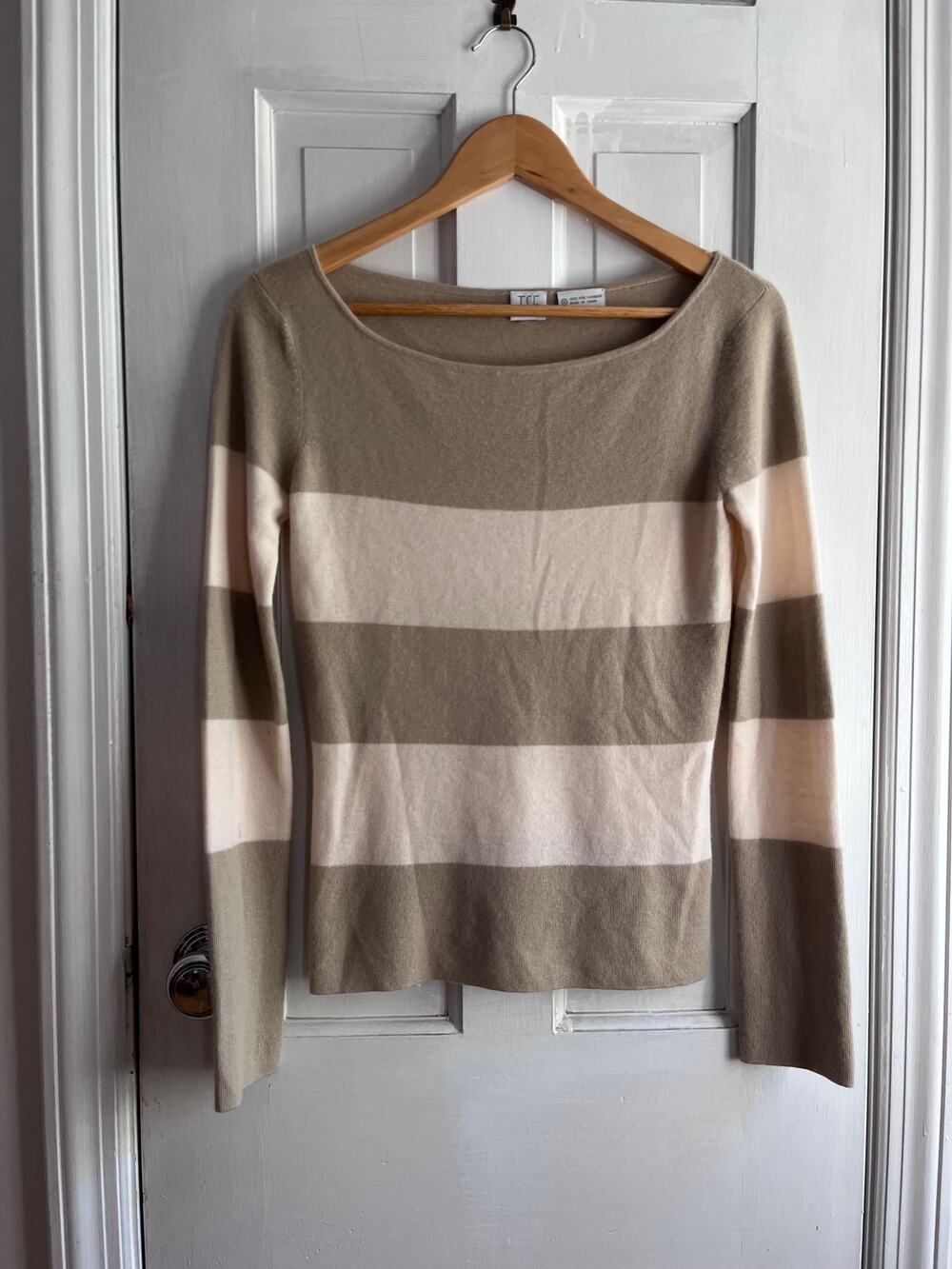 TSE Cashmere Striped Boatneck Sweater Taupe Cream Wide Stripe Knit Pullover S